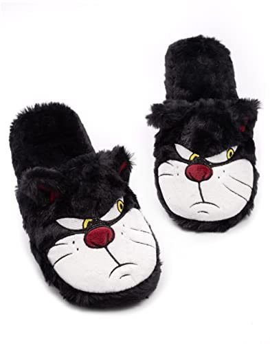Disney Cinderella Lucifer Slippers for Women | Ladies Fluffy Cat with 3D Ears Black House Shoes | Foam Slip On Merchandise 7-8 UK