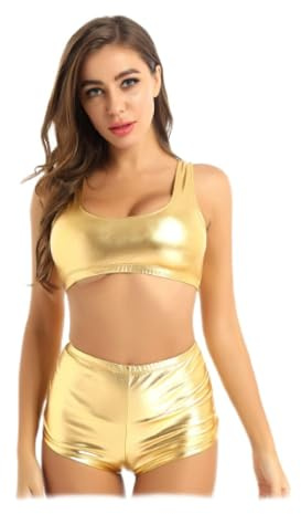 QJZM Abbigliamento da Pole Dance per Donna, Pantaloncini da Completo Racer Back Crop Top Metallizzato Lucido Costumi da Ballo Sexy , Oro, S