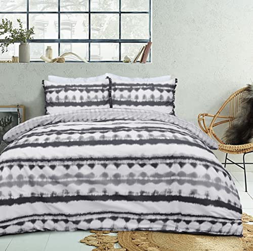 Sleepdown Batik-Bettwäsche mit geometrischem Monochrom-Muster in Schwarz/Weiß, wendbar, für Doppelbett, 200 x 200 cm, mit Kissenbezügen mit Fransenbesatz, weich, pflegeleicht