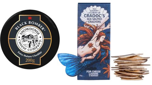 Great British Trading - Cheese and Crackers Gift Hamper with 200g Snowdonia Black Bomber Cheese and 80g Cradocs Sea Salted Crackers. British Gifts Box Ideal for Any Occasion