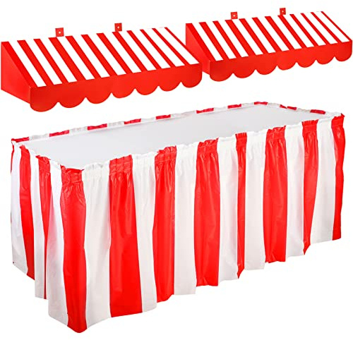 Tallew 3 Pcs 3D Circus Awning Wall Decorations and Stripe Table Skirts Cardboard Awning Tent Decors for Doors Window Classroom Concession Room Carnival Circus Party(Red White,3 Pieces)
