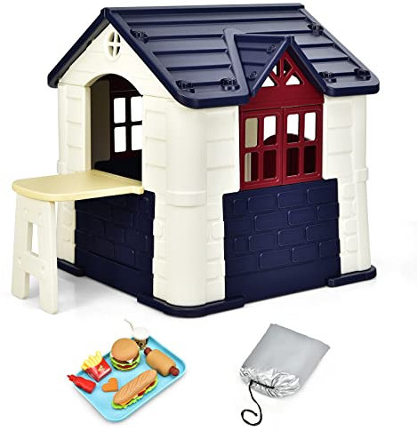 DREAMADE 164x124x132cm Spielhaus Kinder für drinnen und draußen, Kinderspielhaus mit Fenstern & Tür & Picknicktisch, Gartenhaus für Jungen und Mädchen ab 3 Jahren, inklusive Zubehör (Blau)
