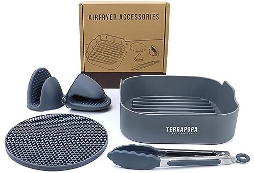 TERRAPOPA Molde silicona freidora de aire cuadrada 20cm 4.7L-6L. Certificado EU de contacto con alimentos. Resistente al calor y fácil de limpiar. Accesorios freidora sin aceite (Cuadrado)