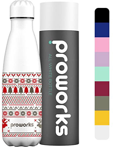 Proworks Performance Stainless Steel Sports Water Bottle | Double Insulated Vacuum Flask for 12 Hours Hot & 24 Hours Cold Drinks For Home, Work, Gym & Travel - 750ml - All White - Christmas Fairisle