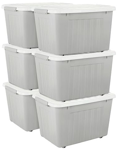 Cetomo 80L*6 Storage Boxes with Wheels, Plastic Storage Box with Lid, Latching Buckles, Click Closure, Stackable, Nesting, Durable Organizer for Home Office Clothes, Gray, 80L-6 Pack