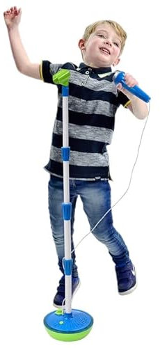 Fizporium Party Star Light Up Musical Microphone & Stand Sing Your Favourite Songs To Applause, Cheers and a Flashing Disco Ball Includes 4 x AA batteries- Blue