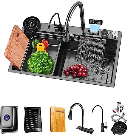 Évier de cuisine à comptoir en acier inoxydable 304 noir profond à une cuve avec cascade Robinet à tirer et planche à découper & Accessoires complets ( 75x46x22CM)