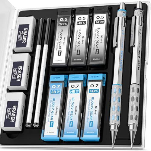 Nicpro 2 Stück Blocky Gear Metall Druckbleistifte Set mit Etui, 0,5 mm & 0,7 mm Bleistift mit 6 Röhren (360 Stück) Minen (HB 2B), 3 Radiergummis, 18 Radiergummi-Minen für Kunst Skizzieren Zeichnen