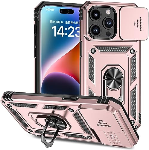 Hitaoyou Phone Case for iPhone 15 Pro, iPhone 15 Pro Case with Camera Cover & Kickstand Military Grade Shockproof Heavy Duty Protective with Magnetic Car Mount Holder Cover Rose Gold