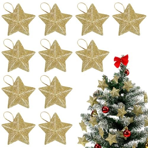 MAGICLULU 30 Pcs Mini Gold Glitter Star Hanging Ornaments Five Pointed Star Decoration for Christmas Tree Hanging Decoration
