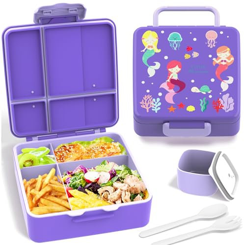 Lonchera Bento para niños, recipientes de almuerzo a prueba de fugas con 4 compartimentos, sin BPA, apto para lavavajillas, con utensilios, porciones ideales para niños de 3 a 12 años