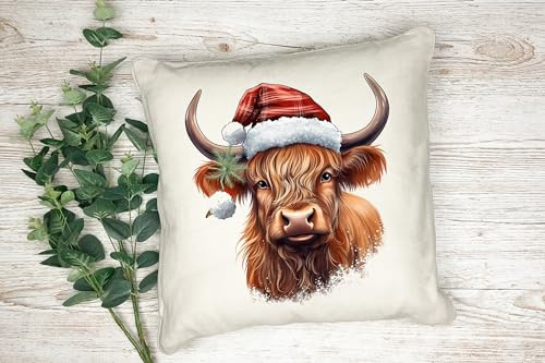 Anonymous Gifting Kissenbezug mit weihnachtlichen Wasserfarben, bedruckt, 40 x 40 cm, Leinen-Stil, Highland Cow 3