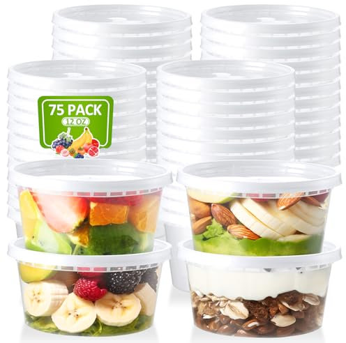 NEEBAKE 75 Sets 340 ml Deli-Behälter mit Deckel, luftdicht, Lebensmittel-Aufbewahrungsbehälter, Kunststoff, Aufbewahrungsbehälter mit Deckel, Suppe, dünn, Overnight-Oat-To-Go-Behälter, mikrowellen-