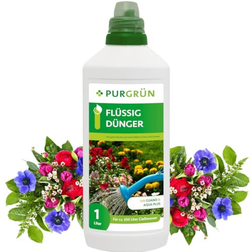 Purgrün® Flüssigdünger 1 Liter – Fördert Wachstum & Blütenbildung – Für Innen & Außen – Premium-Flüssigdünger mit Spurennährstoffen – Premium-Dünger mit Spurennährstoffen – Für 400 Liter Gießwasser