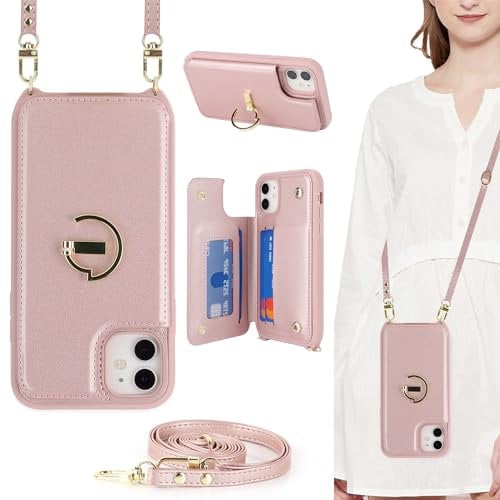 ELTEKER for iPhone 15 Phone Case with Card Holder and Strap,PU Leather Wallet Case Flip Cover with Card Slots Crossbody Lanyard Strap for iPhone 15 (6.1 Inch)-Rose Gold