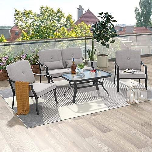 GOPLUS Salon de Jardin Exterieur 4 Personnes, 4Pcs Ensemble Meubles Extérieur avec Table Basse en Verre Trempé, Canapé 2 Personnes Coussins+2 Fauteuils Charge 300KG, pour Patio, Terrasse,Balcon, Gris