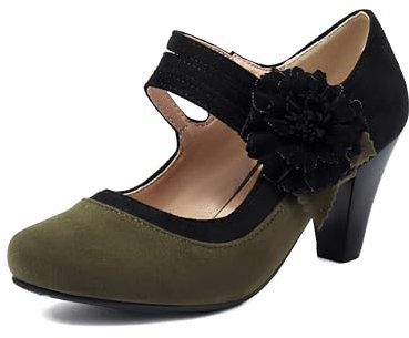 elerhythm Damen Mary Jane Blume Ankle Strap Vintage Heels Gatsby 1920er Jahre Pumps Geschlossene Runde Zehe 1950er Viktorianische Retro Schuhe (Grün EU41)