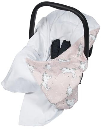 Viculii Double Sided Baby Wrap for car seat | girl white powder pink sweet unicorns baby wrap swaddle cover cosytoes blanket for car seat 100x100cm