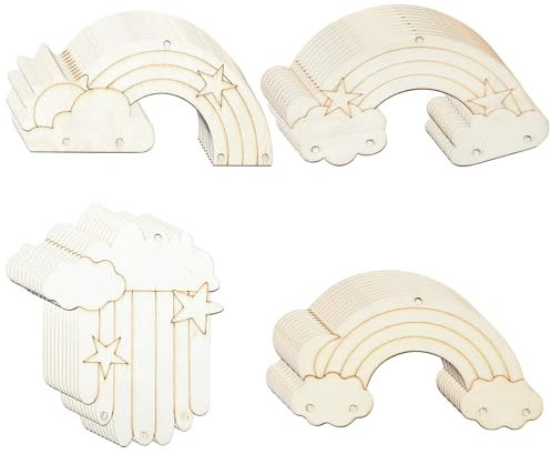 Stiesy 40 Pcs Unfinished Wood Craft Pendants Ornament for Home Crafts Hanging Decorations Rainbow with Cloud Shape Wooden Cutouts Blank Wood Pieces for Door Hanger Party DIY Crafts