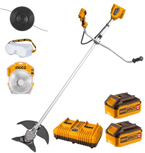 INGCO Lithium-Ion 2IN1 String Trimmer & Brush Cutter with Brushless Motor, 0-5000/6000RPM, Blade Cutting 25cm, Line Cutting 33cm with 2Pcs 4.0Ah Battery Ideal for Lawn and Garden CSTLI202522