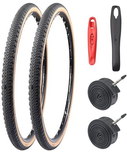 WEEROCK Rennradreifen 700C 700 x 42C, Kies, braune Wandseite mit 2 Innenschläuchen, 48 mm Presta-Ventil, Braun / Schwarz, 2 Stück