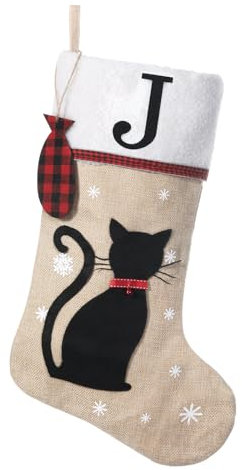 Shgngle Weihnachtsstrumpf für Haustiere, 50,8 cm, Katzen-Weihnachtsstrumpf, personalisierbar mit Holz-Fischanhängern, hängende Ornamente, Weihnachtsgeschenk für Haustiere (Buchstabe J)