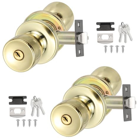PATIKIL Key Entry Door Knobs Interior, 2 Pack Round Zinc Alloy Bedroom Bathroom Door Knob with Lock Entry Indoor Outdoor Door, Gold