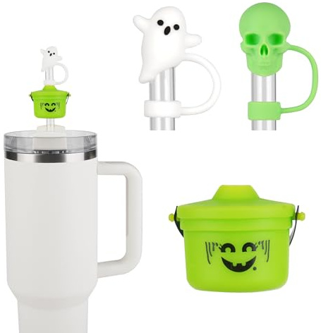 Funny Halloween Buckets Straw Covers for Stanley Cup - Cute Ghost Skull Toppers Compatible With 30&40 OZ 10mm Straw, Halloween Covers Cap for Tumble Cups