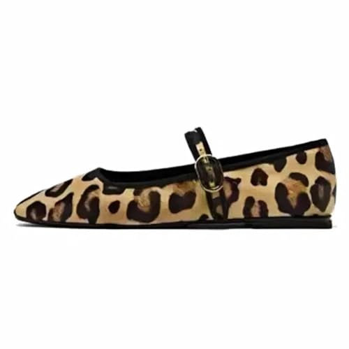 PAYDVOIER Women's Leopard Ballet Flats Shoes Elegant Mary Jane Flats Buckle Strap Comfortable Ballerina Shoes Square Toe Leopard Print Flats for Womens Leopard Retro Flats Leopard Print Size 40