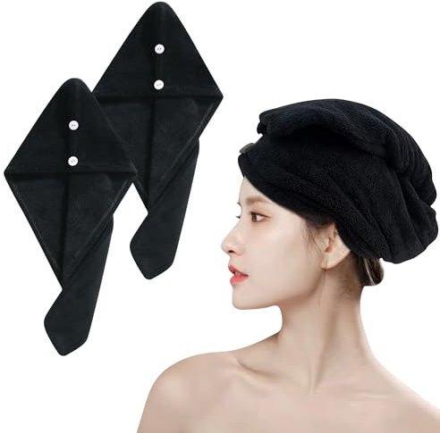 xnicx 2 Pcs Mikrofaser Handtuch Haare,Turban Damen mit knopf,Super Saugfähig Haarhandtuch,Schnell Trocken Microfiber Towel für Damen Kinder 25x65 cm(Schwarz)