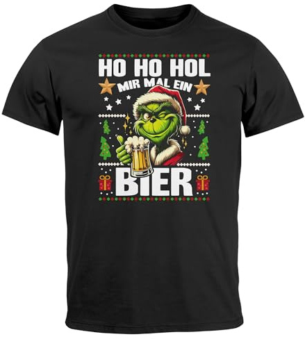 MoonWorks® Herren T-Shirt Weihnachten Grinch Ho Ho HOL Mir EIN Bier Spruch lustig Xmas Weihnachtsoutfit Schwarz 4XL