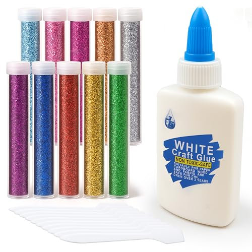 SOL Glitter Art Crafting Bundle with 10x Colourful Glitter Tubes, 1x PVA Glue & 10x Glue Spreaders - Kids Crafting, Scrapbooking, Card Poster Making, Christmas Decorations Craft Set Kids Adults