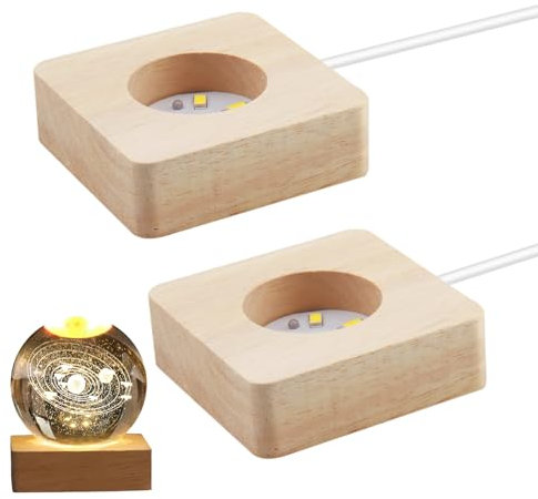 QTMMC 2 Pack Wooden LED Light Base Wood Light Display Base Stand Square Wooden Lighted Base for 3D Crystal Ball Laser Glass Resin Art Warm Color Light USB Cable with Switch 6 x 6 cm