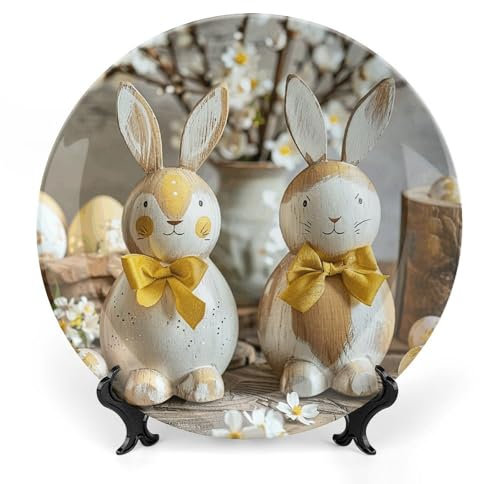 Assiette décorative en porcelaine anglaise de 25,4 cm avec base, deux statues de lapin, assiettes rondes personnalisées, artisanat en porcelaine fine à collectionner pour salon, salle à manger,