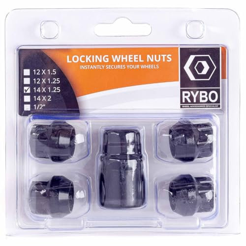 RYBO Set of 4 Open-Ended Alloy Wheel Locking Nuts (Black) (M14 x 1.25)