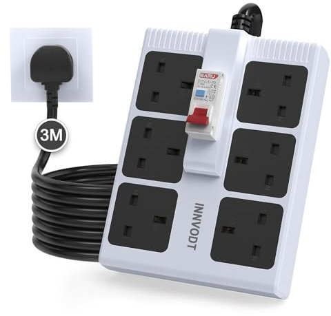 Innvodt 6 in 1 RCD Surge Protected Extension Lead, 3M Heavy Duty Extension Lead with Leakage Protection 13A/3250W Plug Power Strip for Workshop/Garage