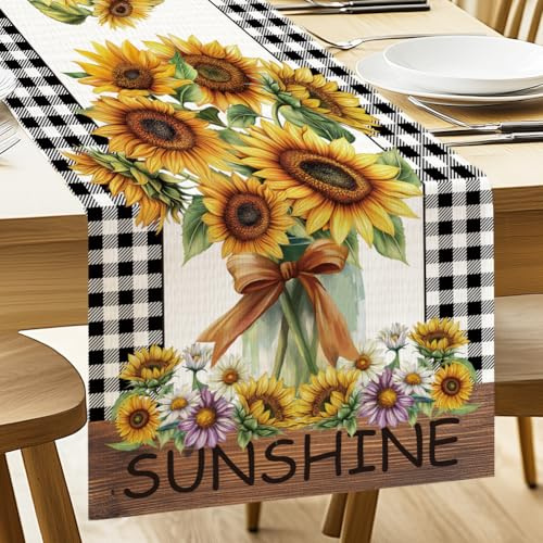 ANATTASOUL Sonnenblume und Vase Tischläufer, Saisonnal Sommer Küche Tisch Dekoration Drinnen Urlaub Party Dekor 33x183 cm
