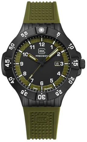 GLOCK Herren Quarz Uhr | 43mm Gehäuse | Armbanduhr mit Schwarzem Edelstahlgehäuse | Schwarzem Zifferblatt | Grünem Silikonarmband | 10ATM | GW-15-4-22
