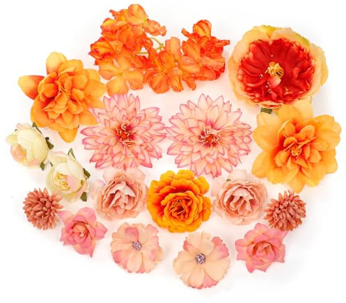 MWOOT 17 Pezzi Teste di Fiori Artificiali, Fiori Finti per Decorazioni, Capolini Finti Misti, Rose Peonia Ninfea Finte per Fai da te Corona Torta Bouquet Da Sposa Matrimonio Festa(Arancione)