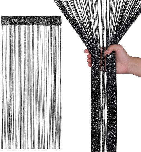 Glitter String Curtain Panel 200x90cm – Sparkling Tassel Fly Screen, Polyester Fringe Room Divider for Doorways, Windows, Parties & Home Decoration (Black)