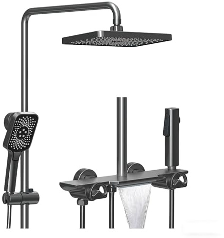 Duschsystem Duscharmatur Komplettset 4 Funktionen Wandmontage Duschset Regendusche Set Messing Duschgarnitur mit Regendusche, Wanneneinlauf Wasserfall, Bidet Handbrause (Grau)