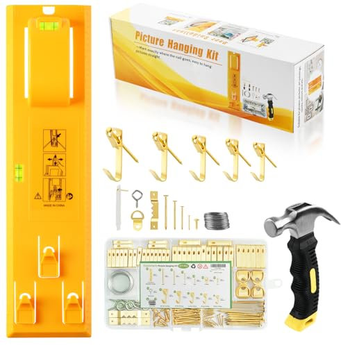 Starlife Goodsnova - Kit per appendere quadri, con livella e dispositivo di marcatura, include kit da 218 pezzi per appendere quadri con ganci, chiodi, fili e martello (giallo)