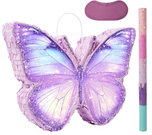 Butterfly Piñata - Purple Butterfly Piñata with Bat and Blindfold for Girls Kids Purple Themed Birthday Party Game Decorations (16”x11.5”x3”)