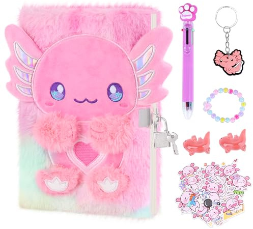 homicozy Tagebuch mit Schloss Mädchen, 26 Stück Geheimes Plüsch Axolotl Notizbuch, 160 Liniertes Seiten A5 Privates Tagebuch, Journal Kinder mit Stift, Aufkleber, Ostern Geschenke Mädchen 6-12 Ans