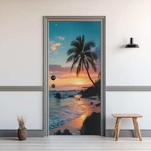 Türaufkleber Tropischer Strand, Türtapete Sonnenuntergang Meereslandschaft Palmen, PVC Türfolie Selbstklebend 80 x 210cm Türposter Wasserdicht Abnehmbare Wandtattoo Deko Für Schlafzimmer Küc Innentür