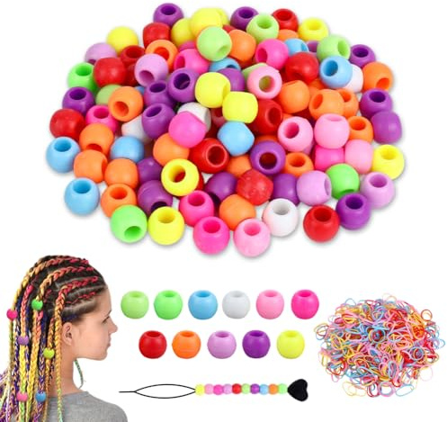 CRAFTYMELODY 120 mini Perles en Silicone Souple et Colorée pour Cheveux de Poney Arc en Ciel avec 2 perles en Plastique et 500 élastiques.
