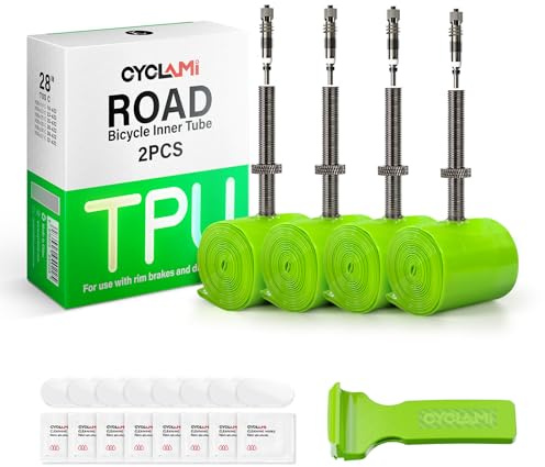 CYCLAMI TPU Schlauch Rennrad,2/4 Stück Abnehmbares Metall-Luftventil TPU Schlauch 700C x 23C/25C/28C/30C/32C,38g Fahrradschlauch FV:45/60/80MM, 1 x Reifenheber