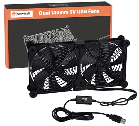 NewHail Quiet Dual 140mm Router Fan Cooler with L/M/H 3-Degree Speed Controller, DC 5V USB Powered Cooling Case Fan for Router Modem Receiver DVR PlayStation TV Box