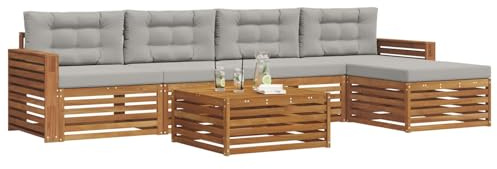 vidaXL Outdoor-Sofagarnitur mit Kissen 6 pcs Natürlich und Hellgrau, Outdoor Sofa, modernes Gartenmöbel für Terrasse, gemütliches Sitzset, robust und stilvoll