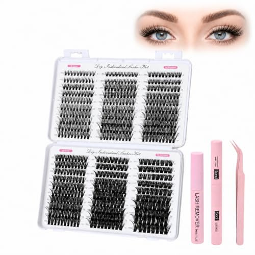 Kit d'Extension de Cils DIY 570 Pièces avec Colle et Scellant, Dissolvant et Pince, Grappes de Cils Longueur Mixte Courbure D pour la Maison, Faux Cils Légers pour Volume Naturel